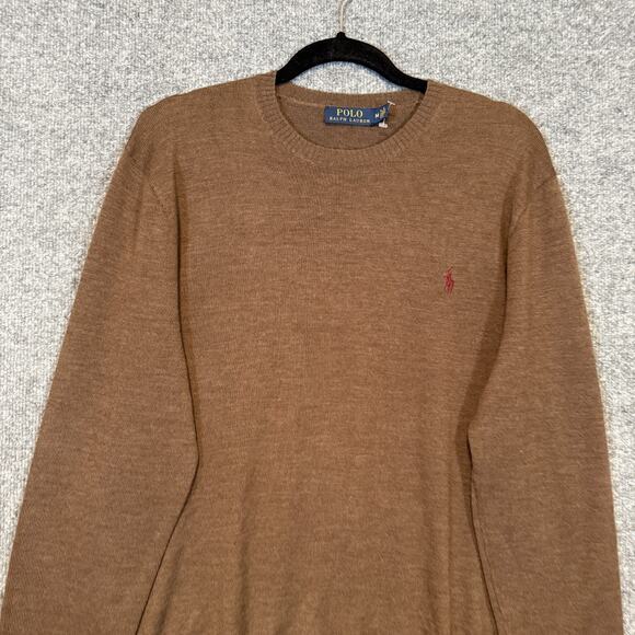 Polo Ralph Lauren Sweater Mens Medium Brown Crewneck Wool Knit Red Pony Pullover - Picture 5 of 10
